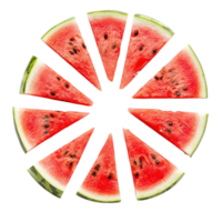 Fresh watermelon slices arranged in a circular pattern on a Transparent background for a vibrant summer presentation, watermelon slices isolated, Watermelon macro studio photoPNG background png