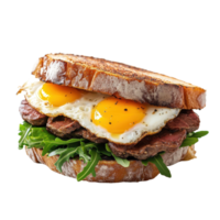 Beef and egg sandwich served on fresh bread with greens on Transparent background, sandwich of beef and eggs isolated on background png