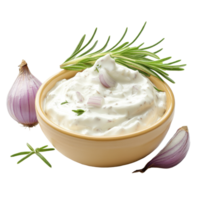 Sour cream and onion dip in a yellow bowl with fresh herbs on a Transparent background, Sour cream and onion in bowl isolated on png