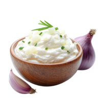 Sour cream and onion dip served in a wooden bowl with shallots on a Transparent background, Sour cream and onion in bowl isolated on png