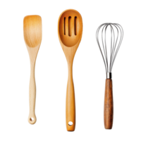 Spatula wooden spoon and wire whisk isolated on Transparent background for culinary use and kitchen preparations, Spatula with Wooden Spoon and Wire Whisk isolated on background png