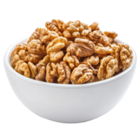 Walnuts in a white bowl on a Transparent background highlighting their nutritional benefits and culinary uses, Walnuts in white bowl isolated on background png