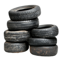 Stack of old dirty tires isolated on a Transparent background showcasing wear and tear from previous use, Stack old dirty tires isolated on png