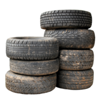 Stack of old dirty tires isolated on a Transparent background showcasing wear and tear, Stack old dirty tires isolated on png