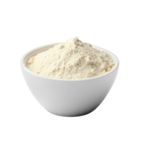 Whey protein powder in a white bowl placed on a clean Transparent background for nutritional use, whey protein in a white bowl isolated on background png