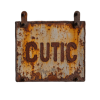 Rusty wall sign with the word cutic displayed prominently in an aged and weathered condition, rusty sign with the word cutic hanging on a wall, Transparent background png