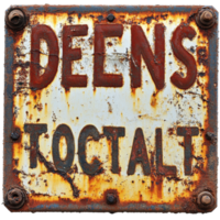 Sign displaying demons traction on a rusty metal surface in an industrial setting, sign that says demons traction on a rusty surface, Transparent background png