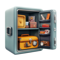 Safe box filled with colorful items against a clean Transparent background, safe box with a bunch items inside, background png