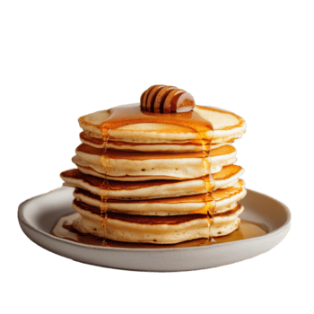 delicioso pilha do panquecas garoa com xarope e coberto com querida em uma rústico mesa contexto, pilha panquecas com xarope e querida em uma mesa, transparente fundo, fundo png