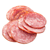 Slices of salami sausage arranged on a plain Transparent background for culinary presentation, Salami sausage slices ham isolated on png