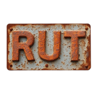 Rusted metal sign featuring the word rust displayed against a plain background in a rustic style, rusted metal sign with the word rust written on it, Transparent background png