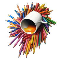 Spilled cup surrounded by an array of colorful pencils creating an artistic mess on a clean surface, Spilled cup colored pencils png