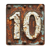 Rusty old sign displaying the number ten with weathered Transparent background and signs of age, rusty old sign with the number ten on it, background png