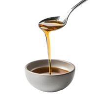 Liquid is flowing from a spoon into a white bowl against a plain background, spoon with liquid pouring out it in a bowl, Transparent background png