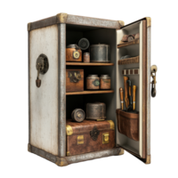 Safe box filled with various items on a Transparent background showcasing different contents and organization, safe box with a bunch items inside, background png