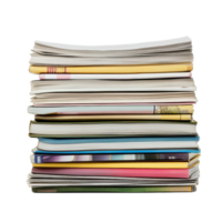 Stack of assorted magazines arranged neatly on a Transparent background showcasing diverse covers and content, Stack magazines on background png