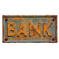 Rusty vintage sign displaying the word bank on a weathered metal background, rusty sign that says bank on it, Transparent background png