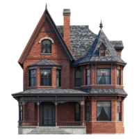 Vintage D rendering of a red brick Victorian house with detailed architecture in a historical style, Vintage D Rendering a Red Brick Victorian House with Wooden Shingles and Windows, Transparent png