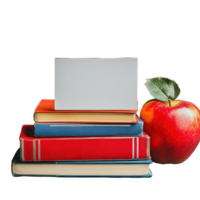 Colorful stack of books with a fresh apple and a blank card on a textured surface, Stack colorful books and fresh apple with blank banner for text png