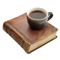 Vintage book resting on a surface with a coffee cup for a cozy reading experience, Vintage-style book with coffee cup on aisolated on Transparent background png