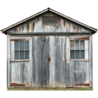 Weathered wooden shed with sliding doors in rustic setting during daylight, Weathered Wooden Shed with Doors Each Sliding to One Side, Transparent background png