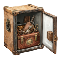 Safe box filled with various items against a Transparent background showcasing storage and organization, safe box with a bunch items inside, background png