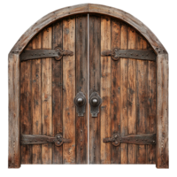 Rustic wooden gates with arched design create an inviting entrance in a serene setting, Rustic wooden gates with arched isolated on Transparent background or white backgroud png