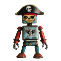 Toy robot dressed as a pirate with a skull hat against a plain Transparent background, toy robot with a pirate hat and a skull, png
