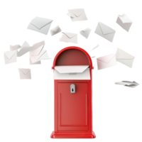 Red mailbox surrounded by flying envelopes against a Transparent background, backgrounding a red mailbox with envelopes flying out on a transparent background png