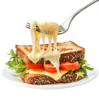 Delicious cheese sandwich topped with fresh tomatoes and creamy sauce served on a white plate, sandwich with cheese and sauce being eaten with a fork, Transparent background, background png