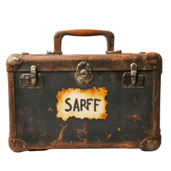 oxidado mala de viagem com poupar branco saco placa revelador histórias do passado viaja e esquecido viagens, oxidado mala de viagem com uma placa este diz poupar, transparente fundo png