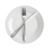 Silverware arrangement with crossed fork and knife on a white plate perfectly set for dining, Silverware-Crossed Fork and Knife on Plate, Transparent background png