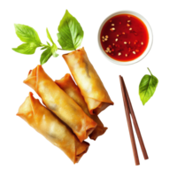 Crispy spring rolls served with dipping sauce on Transparent background in traditional presentation, Fried Chinese Traditional Spring rolls food isolated on background png