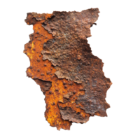 Rusty metal fragment with detailed texture isolated on a Transparent background showing decay and natural aging, rust isolated on background png
