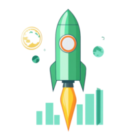 Cute green rocket launching against a Transparent background with abstract elements, background cute green rocket launch with a bar graph on a transparent png