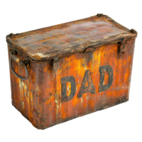 Rusty container marked with 'dad' sits alone, showcasing weathered texture and vibrant colors, rusty container with the word dad written on it, Transparent background png