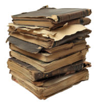 Stacked old books with torn pages displayed on a Transparent background showcasing vintage literature, stack old books with a few pages torn off, background png