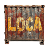 Rusty shipping container with loca painted in vibrant yellow on distressed metallic surface, rusty container with the word loca painted on it, Transparent background png