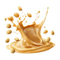 Splash of peanut butter with scattered peanuts creating a dynamic visual effect, splash peanut butter with peanut seedsisolated on Transparent background png