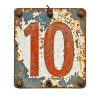 Rusty old sign displaying the number ten with a distressed Transparent background, rusty old sign with the number ten on it, background png