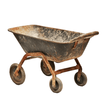 Wheelbarrow resting on a Transparent background showcasing its rusted charm and functional design for gardening tasks, Wheelbarrow, background png