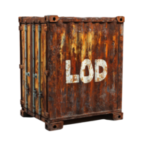 Rusty shipping container with the word load displayed in worn white paint, rusty container with the word load written on it, Transparent background png
