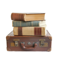 Collection of vintage books stacked on an old suitcase against a Transparent background, stack books sitting on top a suitcase, background png