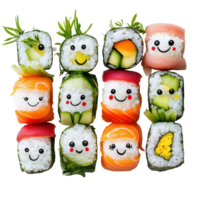 Colorful sushi rolls with playful faces and fresh vegetables on a Transparent background, row sushi with different faces and vegetables, png