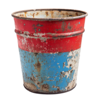 Rusty red and blue bucket barrel resting on a Transparent background highlighting its weathered charm, Rusty Red and Blue Bucket Barrel, background png