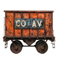 Rusty old train cart displaying faded sign indicating coal transportation in an abandoned setting, rusty old train cart with a sign that says coal, Transparent background png