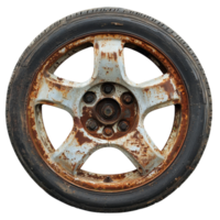 Rusted car wheel with visible spokes on a clean Transparent background showcasing age and wear, Rusted Car Wheel with Visible Spokes, background png