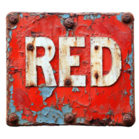Rusty red sign with the word red displayed on a weathered Transparent background, showcasing age and texture, rusty red sign with the word red on it, background png