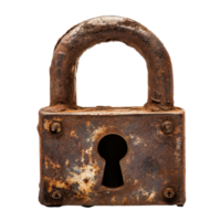 Rusty old padlock with keyhole on Transparent background showcasing wear and age, Rusty old padlock isolated on png