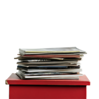 Old magazines stacked neatly on a red table against a Transparent background creating a minimalist aesthetic, stack old magazines on a red table, png
